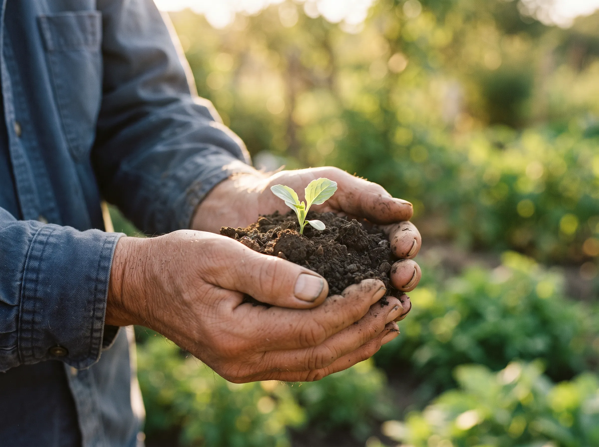 Two weathered farmer hands gently cupping dark soil with a small green seedling growing from it